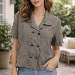Flax 100% Linen Green Button SS Women's Shirt Small Lagenlook Career